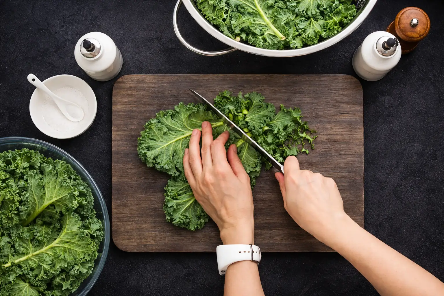 Fresh kale leaves are cut by woman's hands on a cutting board