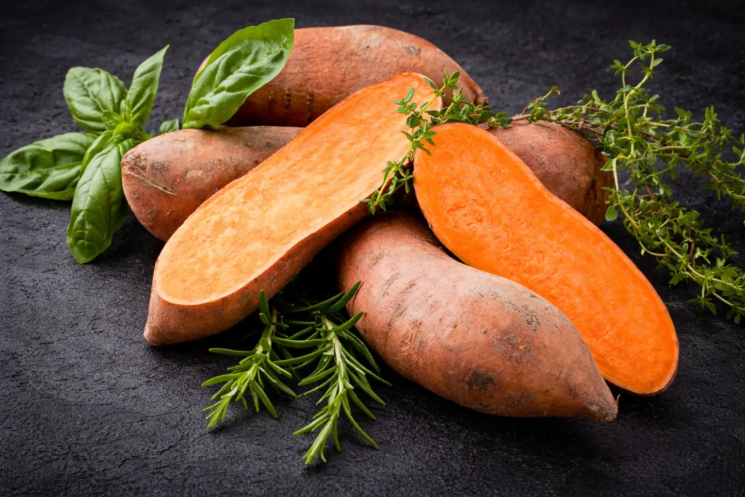 Sweet potato on wooden background